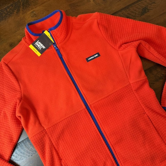 Lands' End Jackets & Blazers - Lands' End Jacket Womens Medium Orange Fleece Full Zip Grid Knit‎ Mid Length